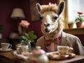 Llama in bow tie serves tea