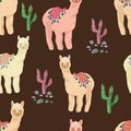 Llama cacti cartoon alpaca mexico Peru desert vector. Color illustration Royalty Free Stock Photo