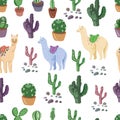 Llama cacti cartoon alpaca mexico Peru desert vector. Color illustration