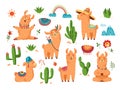 Llama with cactus. Cartoon alpaca characters, cute funny lama. Baby trendy print elements, mexican or peruvian childish