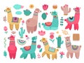 Llama with cactus. Cute alpaca, baby llamas flower and art floral objects. Isolated wild animal kid stickers, cuteness