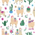 Llama and cactus pattern. Cute seamless hand drawn mexican alpaca with desert cactuses, peruvian ethnic vector