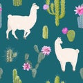 Llama and Cactus Seamless Pattern. Lamas Wildlife Nature Background for Fabric, Wallpaper, Wrapping Paper, Decoration