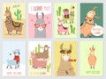 Llama cards. Baby llamas cute alpaca and cacti wild lama. Peru camel, girl party invitation vector set