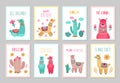 Llama cards. Beautiful invitations, alpaca flower colorful birthday invites. Babies kids posters with cactus cute wild Royalty Free Stock Photo