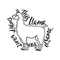 This llama doesn`t want your drama. Hand drawn inspiration quote about happiness with lama. Typography design.