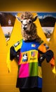 Llama dressed up as an athlete. Portrait of a funny animal wearing jersey.
