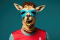 Llama dressed up as an athlete. Portrait of a funny animal wearing jersey.