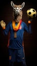 Llama dressed up as an athlete. Portrait of a funny animal wearing jersey.