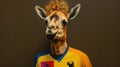 Llama dressed up as an athlete. Portrait of a funny animal wearing jersey.