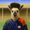 Llama dressed up as an athlete. Portrait of a funny animal wearing jersey.