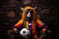 Llama dressed up as an athlete. Portrait of a funny animal wearing jersey.