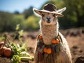 Llama farmer with pitchfork and hat