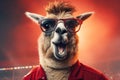 llama football fan in tracksuit emotionally shouts at stadium background, Generative AI