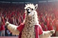 llama football fan in tracksuit emotionally shouts at stadium background, Generative AI