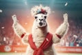 llama football fan in tracksuit emotionally shouts at stadium background, Generative AI