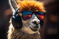 Llama with glasses enjoys music, exuding a stylish and intellectual vibe