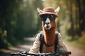 a llama in glasses and panama rides a bicycle, Generative AI