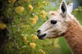 llama grazing on a stress-relieving color palette of plants