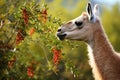 llama grazing on a stress-relieving color palette of plants