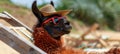 Llama in hat and sunglasses sunbathing on beach, ideal for vacation concept with space for text Royalty Free Stock Photo
