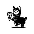 Llama holding pizza slice, black and white illustration Royalty Free Stock Photo