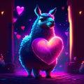 Llama hugging heart Llama with heart in neon light. 3d illustration. AI generated animal ai Royalty Free Stock Photo