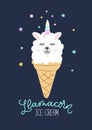 Llama ice cream cute card with cartoon doodles. Llama summer mot