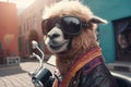 Llama in a leather jacket and sunglasses rides a motorcycle - AI Generative