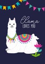 Llama loves you inspirational inscription with hand drawn llama and doodles. Cute vector alpaca illustration for greeting cards, Royalty Free Stock Photo