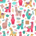 Llama pattern. Drawing animals, cartoon llamas cactus seamless texture. Cute baby alpaca print, creative decorative Royalty Free Stock Photo