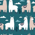 Llama pattern. Lama seamless handdrawn print. Vector cartoon textile template