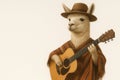 A llama in a poncho and a hat plays the guitar. Space for text. Royalty Free Stock Photo