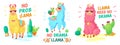 Llama poster. No drama llama and no prob llama vector illustration set