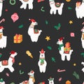 Llama print. Cute cartoon alpaca, christmas branches and gifts. Holiday vector seamless pattern