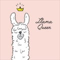Llama queen drawing. Animal cute cartoon alpaca with crown illustration. Cartoon kids character. Cool slogan text.