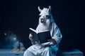 llama reads book in dark studio background, Generative AI
