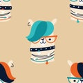 Llama rock star animal seamless pattern. Hand drawn colorful doodle cartoon character in rock accessories. Ideal for