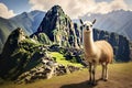 Llama and the ruins of the ancient city of Machu Picchu, Lama And Machu Picchu, AI Generated Royalty Free Stock Photo