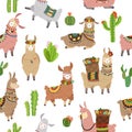 Llama seamless pattern. Baby llamas cute alpaca and cacti wild lama. Peru camel, girl wallpaper vector animal texture Royalty Free Stock Photo