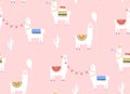 Llama seamless pattern. Birthday party with cartoon alpacas, baloons and gifts. Vector kids pink background