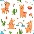 Llama seamless pattern. Creative fabric alpaca print, cartoon animal and cactus. Childish cute wild lama, scandinavian