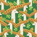 Llama in sombrero seamless pattern, flat vector stock illustration with mexican cactus as wallpaper, background with headdress