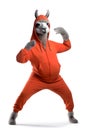 llama in a sports suit stretches on a white background, Generative AI