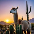 llamstanding in field of cactus at sunset with head of plant in the