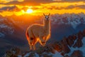 A llama standing on top of a mountain at sunset Royalty Free Stock Photo