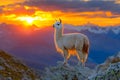 A llama standing on top of a mountain at sunset Royalty Free Stock Photo