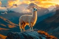 A llama standing on top of a mountain at sunset Royalty Free Stock Photo