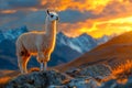 A llama standing on top of a mountain at sunset Royalty Free Stock Photo