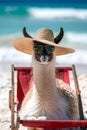 Llama in sunglasses and hat sunbathing on beach vacation enjoyment concept with text space Royalty Free Stock Photo